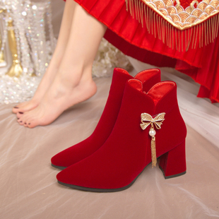 婚鞋新娘鞋冬天加绒粗跟2023冬季红色高跟鞋，女结婚靴子不累脚