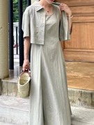 韩国纯色背心长裙套装，女休闲高级感简约短袖衬衫外套连衣裙两件套