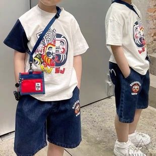 22夏季日系男童短袖t恤潮牌纯棉拼色袖卡通儿童半袖上衣宽松套装