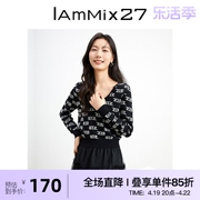 iammix27针织套头衫女青春减龄撞色提花，拼接圆领长袖短款针织上衣