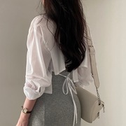 韩国chic春季长袖雪纺防晒衫，设计感小心机后背，绑带露背短款衬衫女