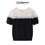 九州诚品/JZZDEMM夏装女2025年新款玫瑰钩花镂空拼接褶皱短袖上衣