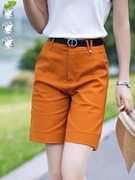 小个子橘色西装短裤女夏薄款高腰宽松显瘦百搭通勤五分直筒休闲裤