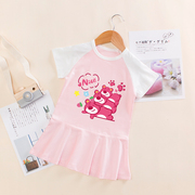 女童夏季纯棉短袖连衣裙，儿童幼儿园薄款卡通小熊女孩洋气粉色裙子