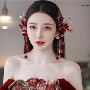 。2023复古森系红色新娘，头饰女韩式婚礼结婚礼服晨袍敬酒服发
