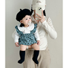 ins2024春季韩版婴幼儿娃娃领长袖，上衣+圆点，背带三角哈衣2件套装