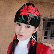 云南民族风手工毛线，绣贴花包头帽(包头帽，)演出舞台复古刺绣花头巾帽