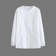 大码蕾丝拼接白衬衣女士胖MM减龄甜美水洗棉长袖衬衫2023春季