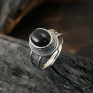 欧美复古椭圆形黑玛瑙泰银戒指男女时尚宫廷，个性情侣藏银指环礼物