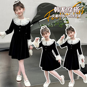 女童连衣裙黑色丝绒亲子装，法式秋款蕾丝娃娃领洋气母女装儿童裙子
