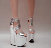 2023春夏性感17cm厚底银色坡跟凉鞋罗马美腿显瘦超高跟女鞋18
