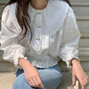 韩国chic秋季法式减龄娃娃，领双排扣宽松百搭泡泡袖短款白色衬衫女