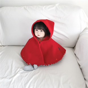 新年款婴幼儿披风斗篷女童秋冬装红色保暖披肩小红帽宝宝防风外套