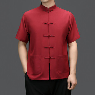 中国风唐装中老年，国士立领短袖衬衣长裤大红休闲运动套装