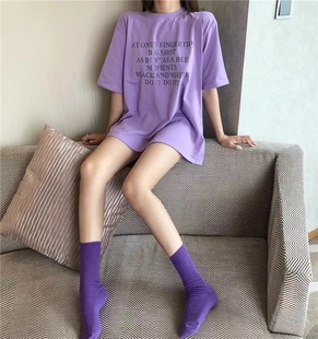 网红款韩国东大门袜子紫色糖果彩色堆堆袜女日系百搭学院风短袜潮