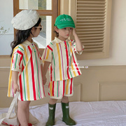 韩国童装2023夏装女童连衣裙男宝宝套装儿童姐弟装兄妹装海边服潮