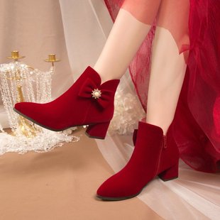 冬季婚鞋女2022年酒红色，粗跟新娘鞋不累脚，秀禾婚纱两穿敬酒鞋