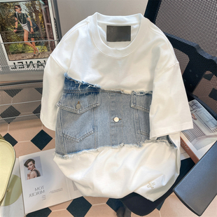 欧美高街复古牛仔拼接纯棉短袖t恤男女夏高级(夏高级)感国潮正肩体恤上衣