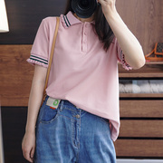 大码polo领短袖T恤宽松夏季200斤韩版女装显瘦花边领减龄上衣