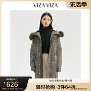 商场同款VIZA VIZA 冬装狐狸毛领法式格子气质毛呢外套女
