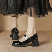 一字带高跟鞋防水台复古黑色，玛丽珍鞋女2024春季圆头法式单鞋