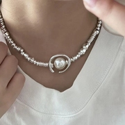 轻奢小众半月不规则珍珠拼接碎银子项链西班牙潮牌高品质锁骨链