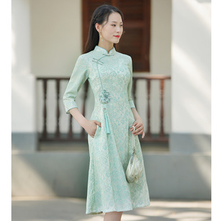 礼服小个子高级感绿色奥黛旗袍年轻款少女2024夏款新中式日常可穿