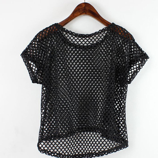 夏季韩版黑色大网眼短袖T恤上衣套头宽松蕾丝渔网镂空罩衫女