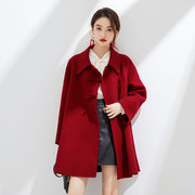 秋冬红色双面羊毛大衣女中长款中国风盘扣斗篷，呢外套时尚百搭龄