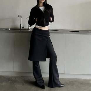 美拉德穿搭RARELY小众设计假两件针织开衩修身喇叭裤裙 黑色/咖色