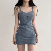 韩国chic夏季复古明线设计感小众修身显瘦包臀牛仔吊带连衣裙女
