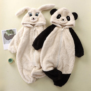 婴儿衣服卡通小兔熊猫毛绒连体服婴幼儿可爱保暖衣小童家居服罩衣