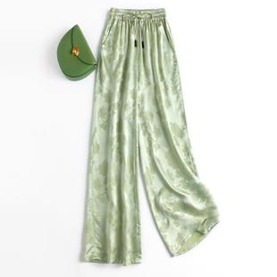 撤回女装新中式重磅真丝冠乐缎，浮雕浅草绿，真丝裤子女长裤