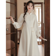 新中式伴娘服春秋季长袖连衣裙平时日常可穿小个子改良旗袍礼服女