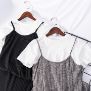 夏韩版时尚有范假两件短袖t恤拼接长款针织裙连衣裙长裙7333