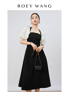 roeywang小众设计高腰，a字裙2022夏季泡泡袖拼色长款连衣裙