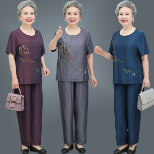 奶奶复古绣花香云纱套装中老年人夏装短袖女妈妈，两件套老太太t恤