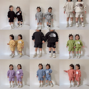 韩版童装2023秋季男童，潮刺绣印花运动衣服，套装儿童卫衣短裤两件套