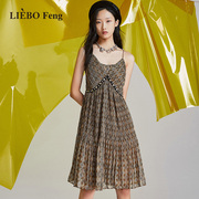 裂帛liebofeng设计师品牌，收腰印花烫金雪纺纯欲辣妹，风吊带连衣裙