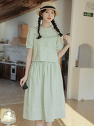 法式绿色套装连衣裙女2024夏季温柔风，两件套长裙子森系小清新