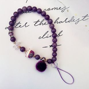 原创设计紫色手机挂绳短款绳小毛球猫配饰挂件，个性创意手腕绳女款