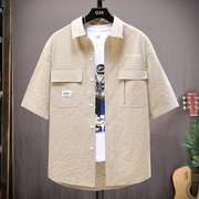 韩版男士牛仔短袖衬衫上衣夏季潮流薄款痞帅五分袖衬衣外套