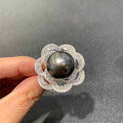 近16mm天然大溪地大珍珠戒指，黑珍珠18k白金钻石山茶花玫瑰花花朵