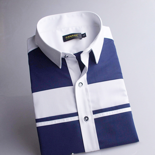 欧洲站夏装竹纤维免烫男短袖衬衫修身高品质拼接半袖深蓝衬衣