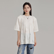 HOEZ 小众设计高级感纯色圆领短袖T恤女2024夏季新慵懒风破洞上衣