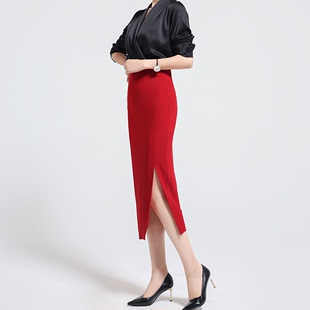 红色半身裙2024春季韩版修身一步裙气质高腰，显瘦中长款包臀裙