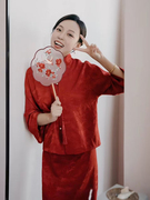中国风改良旗袍敬酒服2024春夏长袖，订婚套装红色回门礼服裙女