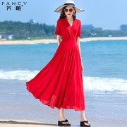 红色雪纺高端气质连衣裙，女2024夏季拍照长款纱裙度假沙滩长裙