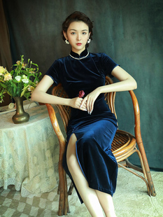 藏青色丝绒旗袍女复古中国风，改良版高端连衣裙性感时尚中长款秋季