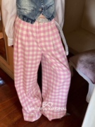 B-O粉色格子裤女2024春直筒休闲裤休闲裤(配腰带)67305X